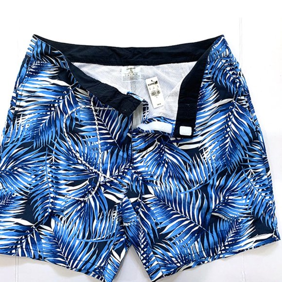 😊 EXPRESS MEN BLUE PALM TREE BORAD SHORT  L NWT - Picture 8 of 9